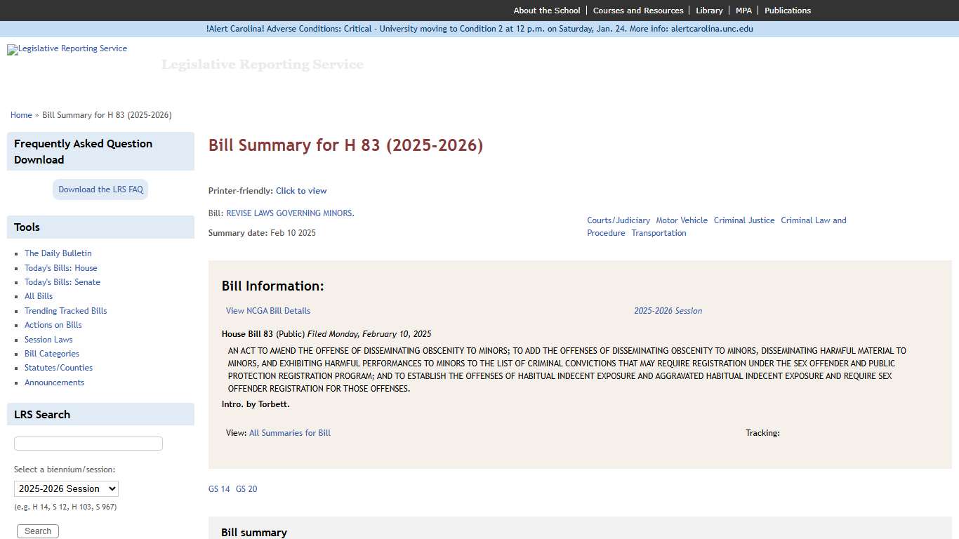 Bill Summary for H 83 (2025-2026) Legislative Reporting Service