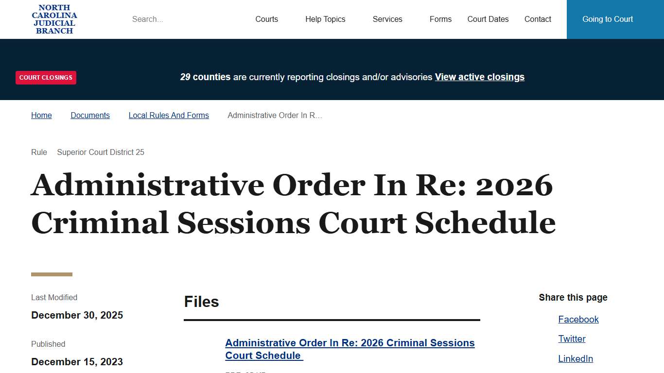 Administrative Order In Re: 2026 Criminal Sessions Court Schedule North Carolina Judicial Branch